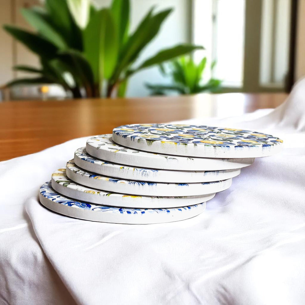 premium ceramic drink coasters Mediterranean style lemon citrus blue yellow patterns cork back